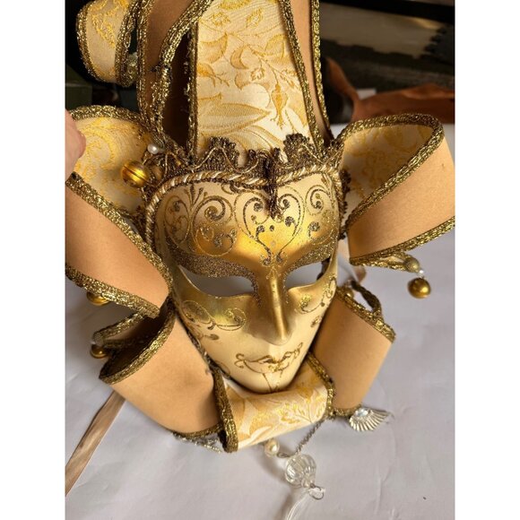 Handcrafted Venetian Jester Masquerade Mask With Gold Glitter Detailing & Ribbon - Picture 5 of 12